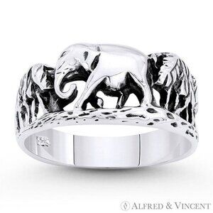 Forest Elephant Animal Totem Charm Ring in .925 Sterling Silver - Size 7